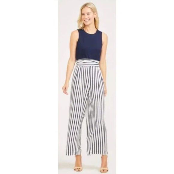 J. McLaughlin Toni Sleeveless Wide Leg Jumpsuit Size S Navy Blue Pin Stripe - Picture 1 of 10